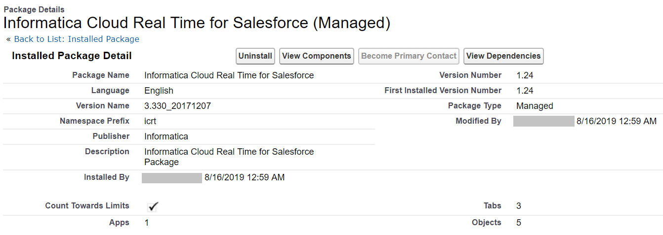 この図は、Salesforce Managed Packagepageの詳細と、パッケージをアンインストールするオプションを示しています。
