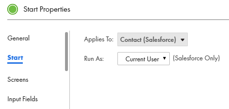 この図は、ガイドの［開始プロパティ］セクションを示しています。ガイドは、Salesforceの連絡先オブジェクトに適用されます。