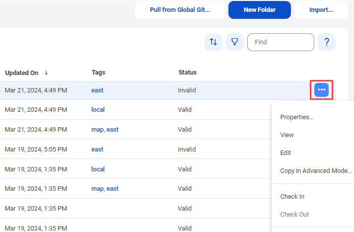 An asset is highlighted on the Explore page and the Actions menu for the asset displays a list of some of the options such as Properties, View, Edit, and Run.