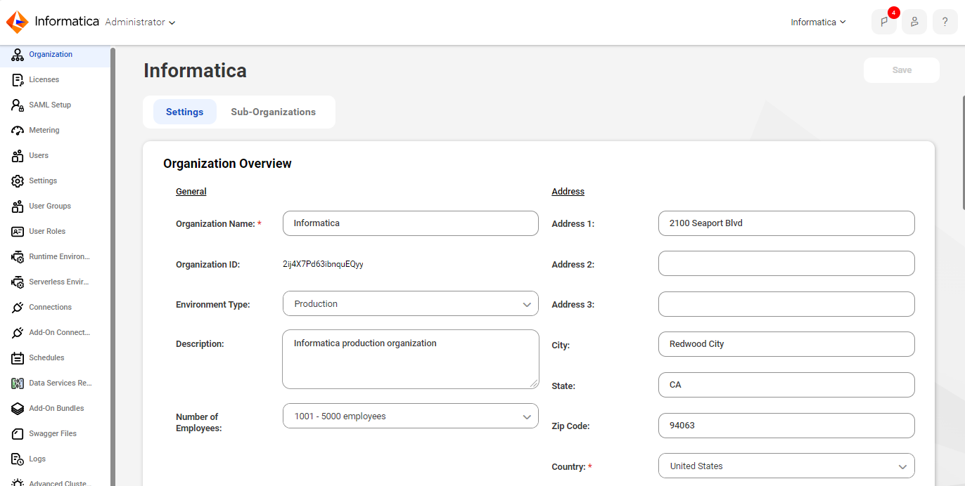 The Administrator menu on the left contains the following options for this organization: Organization, Licenses, SAML Setup, Settings, Users, User Groups, User Roles, Runtime Environments, Connections, Add-On Connectors, Schedules, Add-On Bundles, Swagger Files, Logs, and File Servers. The options vary based on the organization's licenses.