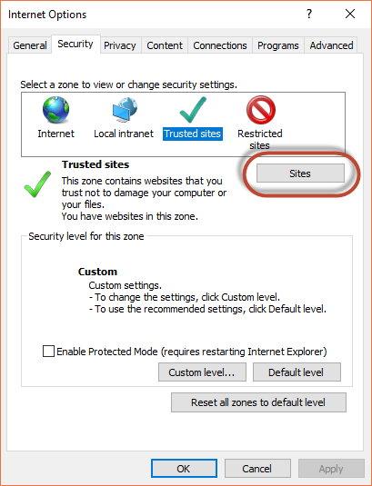 The "Sites" button appears on the Security tab below the "Select a zone to view or change security settings" field when you select "Trusted sites."