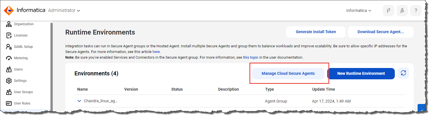 The "Manage Cloud Secure Agents" button appears at the top of the Environments list on the Runtime Environments page in Adminstrator.