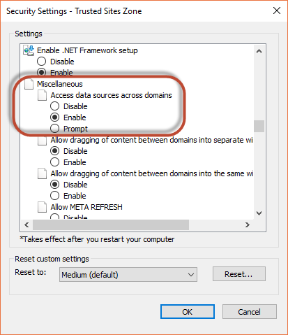 In the “Security Settings – Trusted Sites Zone” dialog box, “Enable” is selected below “Miscellaneous > Access data sources across domains.”