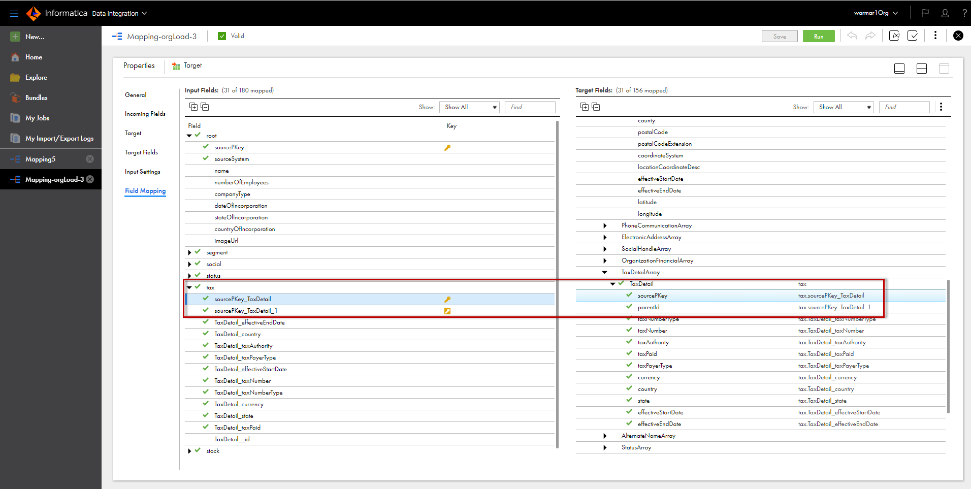 Field mapping tab shows input fields on the left and target fields on the right.