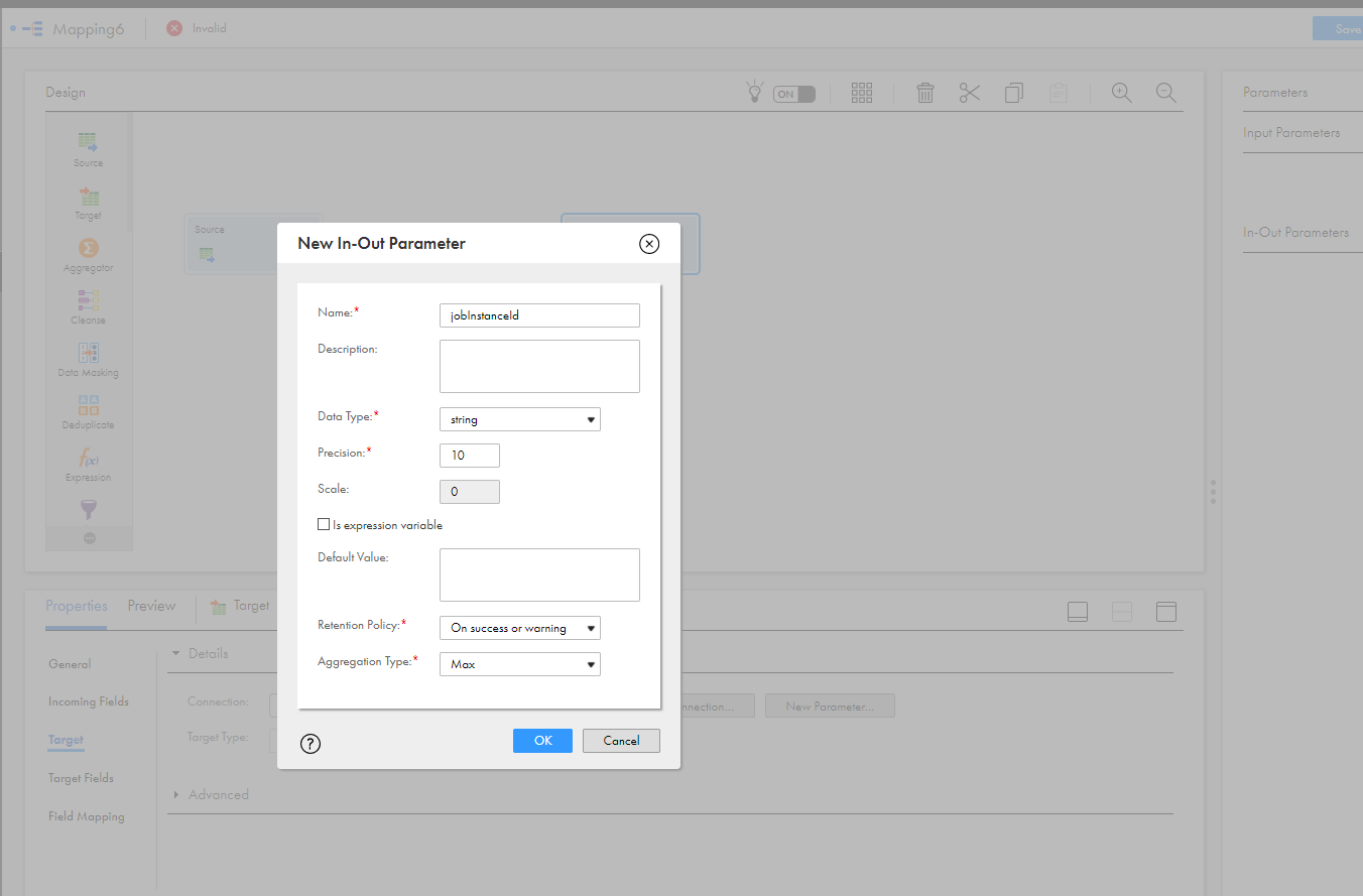 The image displays the In-Out Parameter dialog box where you create the jobinstanceId parameter.