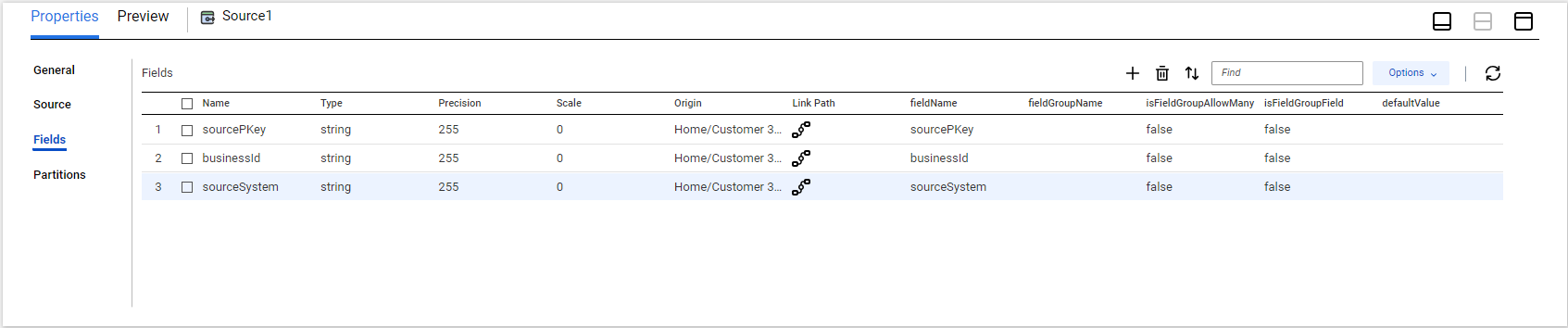 The image shows the fields within the xrefLinks field group of a business entity.