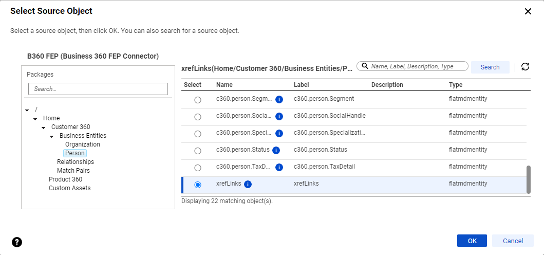 The Select Source Object dialog box shows the xrefLinks field group as the selected object.