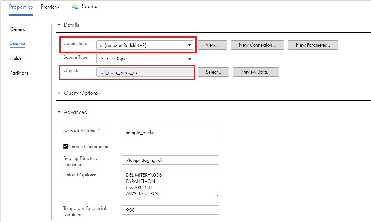 The Amazon Redshift V2 connection is selected with the same object path as Amazon Redshift V1.