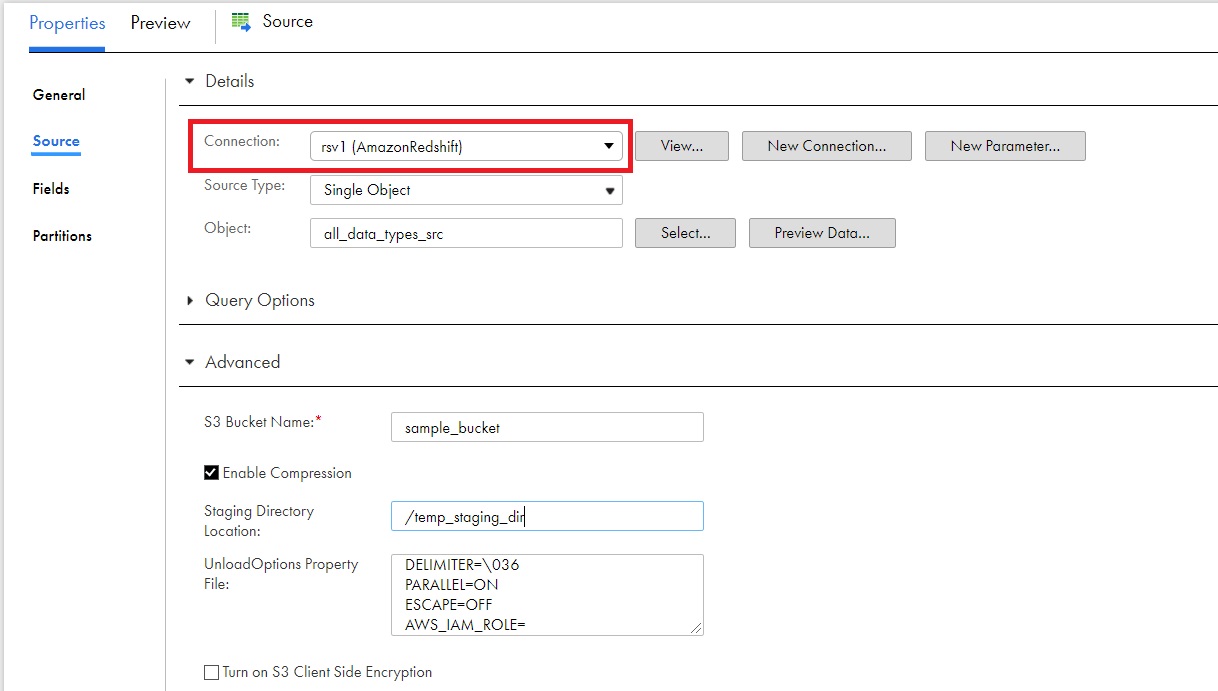 The mapping uses the Amazon Redshift V1 connection and contains the advanced source properties.