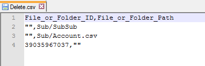 The image shows the contents of the delete.csv file.