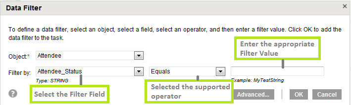 The image shows the Data Filters dialog box where you can specify filter conditions.