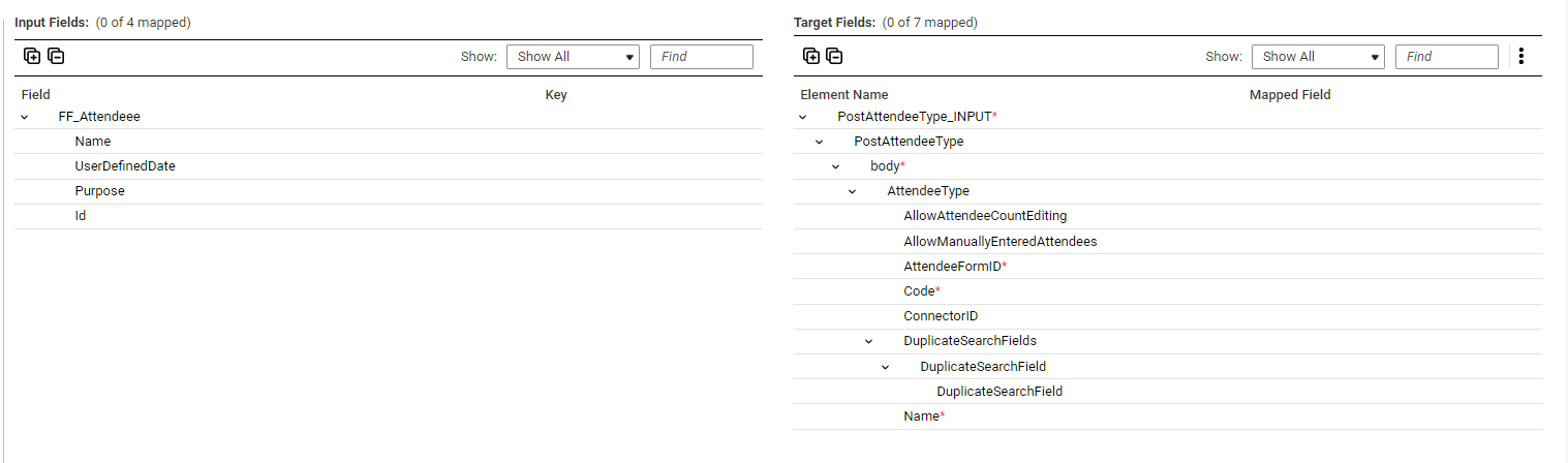 The image displays all the mapped fields between the input file and the Concur target.