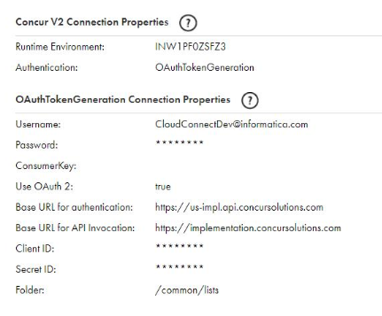 The Concur V2 Connection Properties page shows the properties for a new OAuth 2 connection type