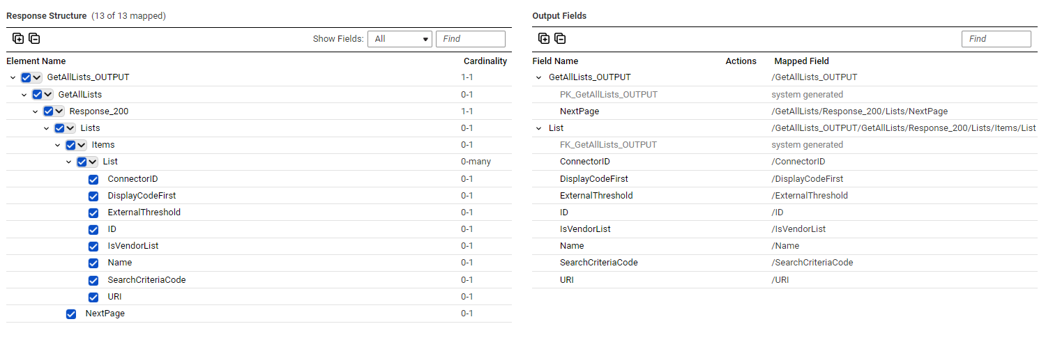 The image displays the response structure on the left pane in a hierarchical format and the output groups on the right pane in a relational format.