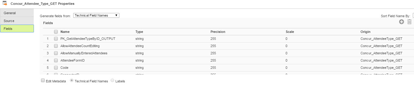 The image displays the fields from the FF_Attendee_Type_GET flat file object.