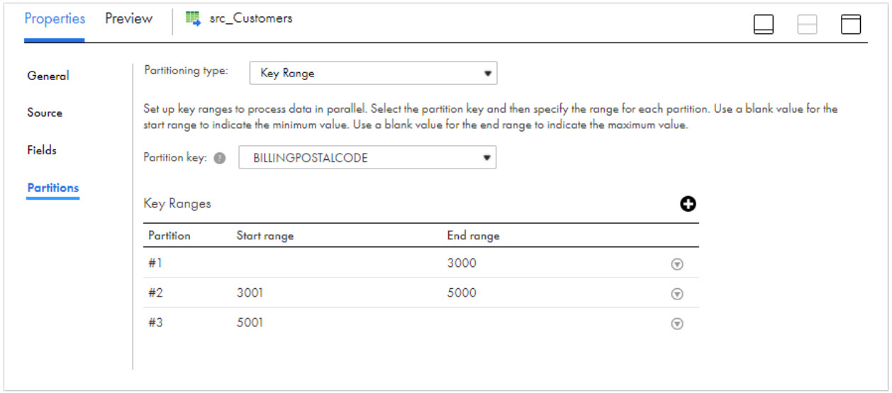 Configure key range partitioning in the Partitions tab of the Source transformation