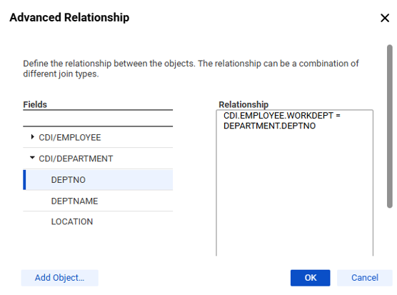 The tables and their fields are listed in the Fields box, and the relationship between the table.field entries use the = operator: CDI.EMPLOYEE.WORKDEPT = DEPARTMENT.DEPTNO