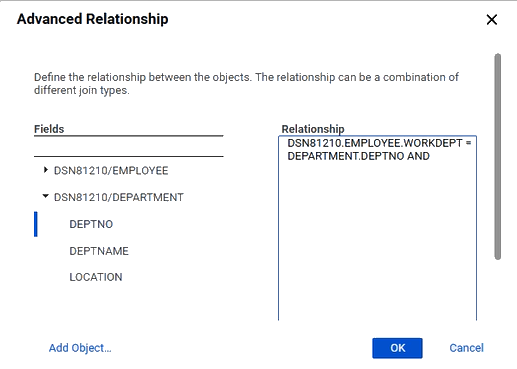 The tables and their fields are listed in the Fields box, and the relationship between the table.field entries use the = operator: DSN81210.EMPLOYEE.WORKDEPT = DEPARTMENT.DEPTNO