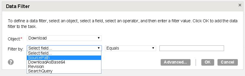 The image displays the dialogue box with filter fields.