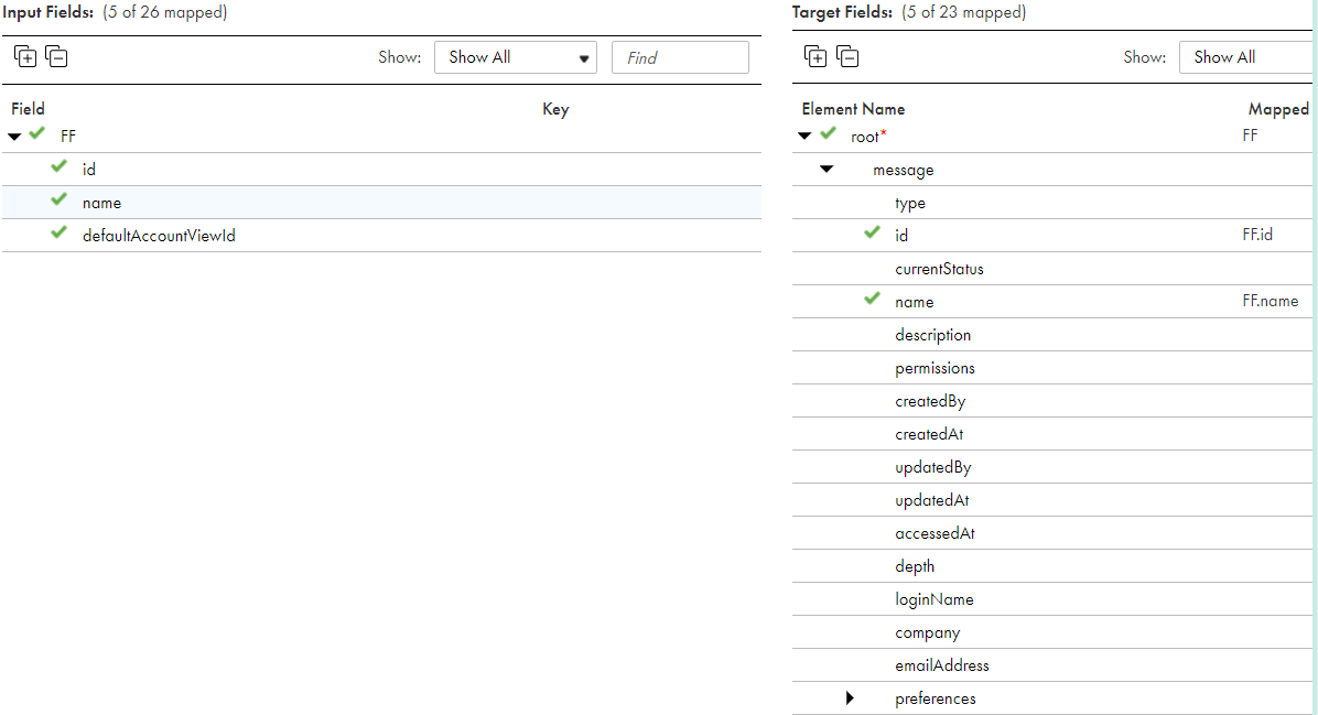 The following image shows an example of mapped input fields from the source file with the Eloqua target in an operation to insert data.