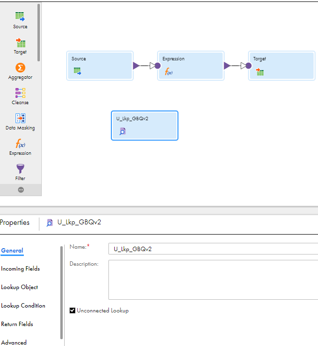 The image shows the General tab of the Lookup transformation where you can enable the Unconnected Lookup option.