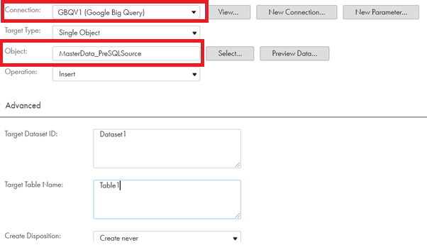 The connection type used is Google BigQuery V1 connection.