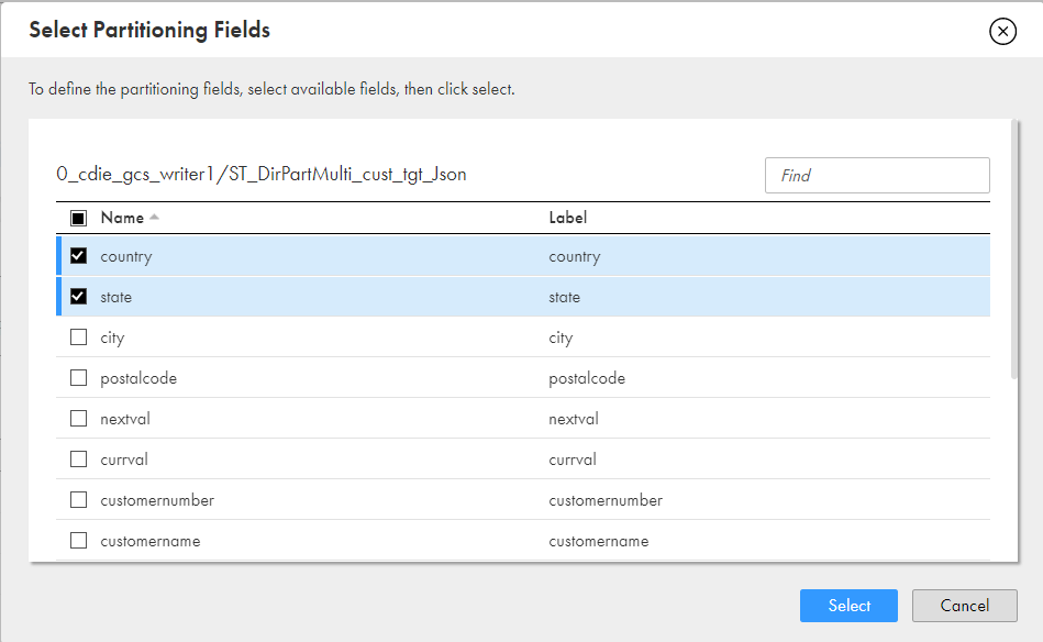 The list of available fields from which you can select partitioning fields.
