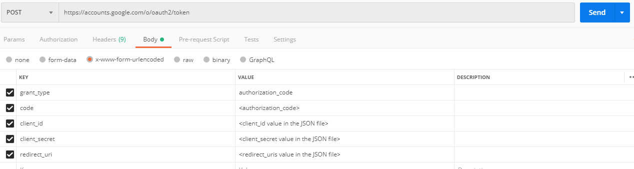 The image shows the key-value pairs to generate a refresh token and access token in the Body tab.