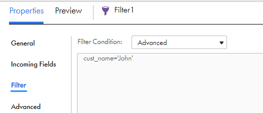 The image shows the filter condition to filter records based on the customer name.