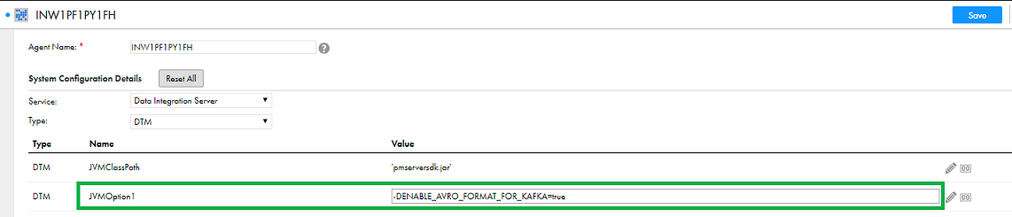 The image shows the System Configuration Details section where you can cofigure the JVMOption1.