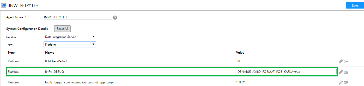 The image shows the System Configuration Details section where you can cofigure the INFA_DEBUG property.