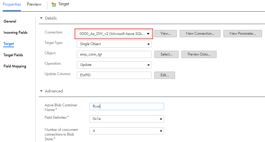 The image shows an existing mapping that uses the Microsoft Azure SQL Data Warehouse V2 connection