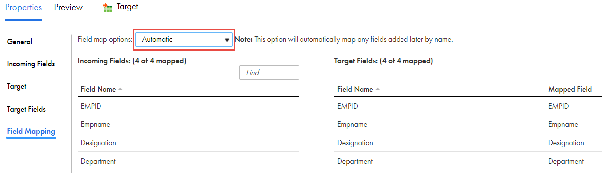 The image shows the field mapping tab