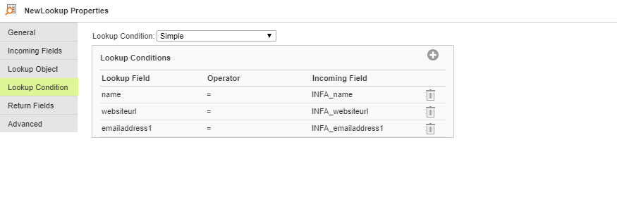 The image shows the lookup fields- name, websiteurl, and emailaddress1.