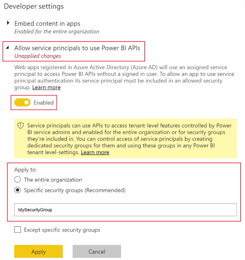 The Developer settings pane displays the option to allow service principals to use Power BI APIs for the entire organization or the security group.