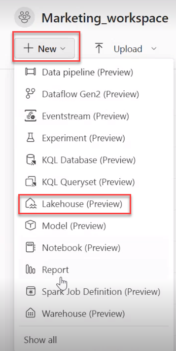 The workspace window displays the option to add a lakehouse in the newly created workspace.
