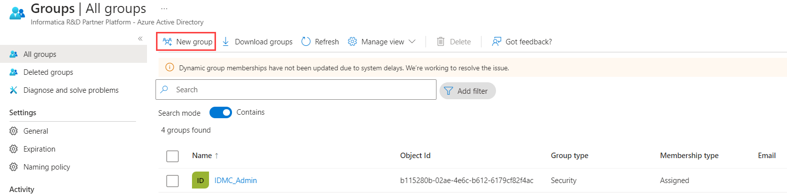 The Groups page displays the options to create a new group, download groups, and manage views.