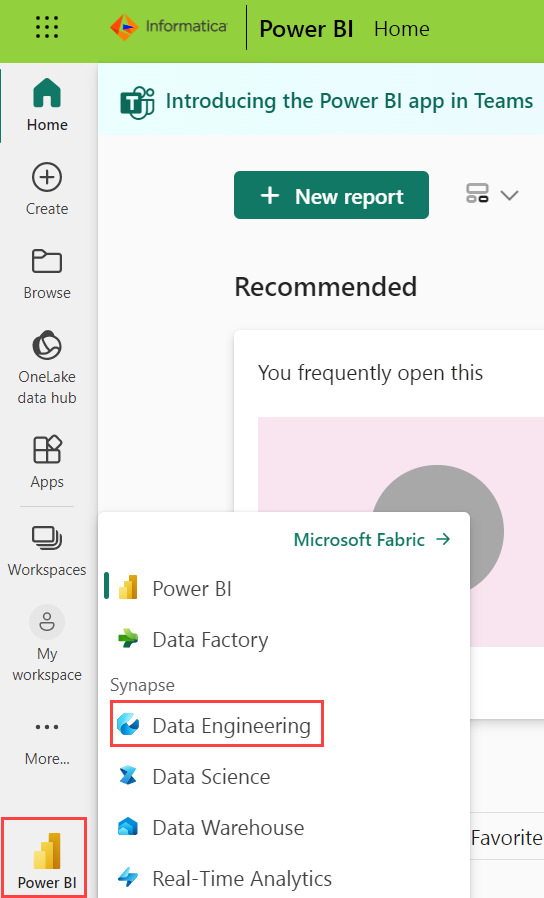 The Power BI home page displays the Data Engineering option.