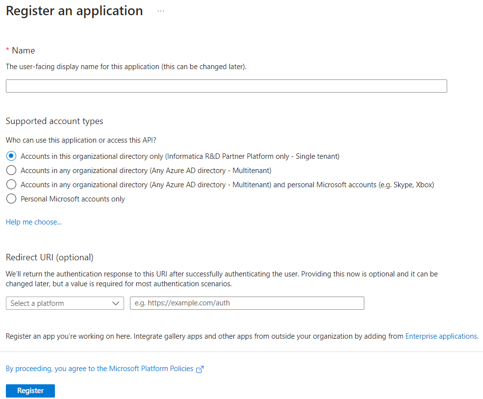 The Register an application window displays fields to register an application.