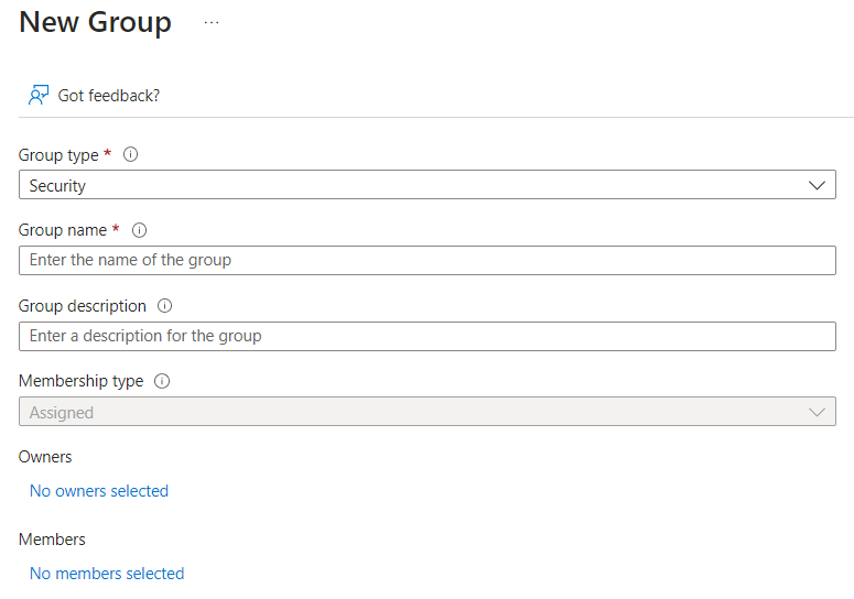 The New Group page diplays various fields to create a new group.