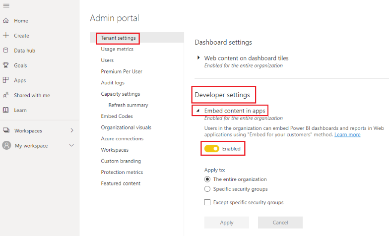 The Admin portal page displays the Tenant and Developer settings.