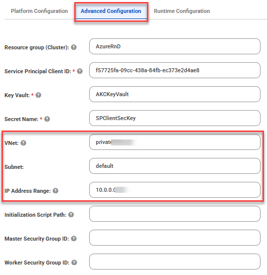 This image displays vnet, subnet, and IP address range properties in advanced cluster.