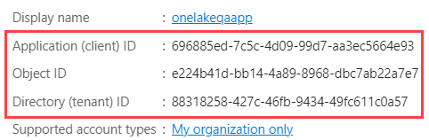 The Application ID, Object ID, and Directory ID are displayed when you register an application.