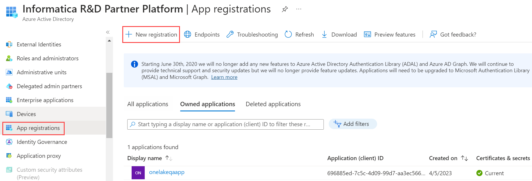 The Manage section under Azure Active Directory displays the option to create a new Azure Active Directory application.
