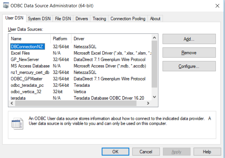 You can view the System DSN on the ODBC Data Source Administrator (64-bit) dialog box.
