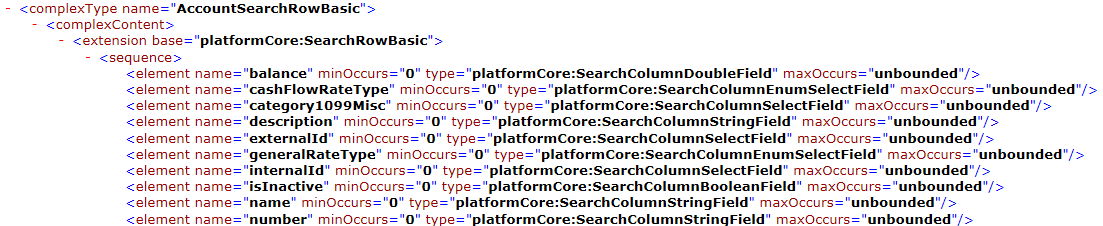 The schema includes the AccountSearchRowBasic schema type which includes the name field.