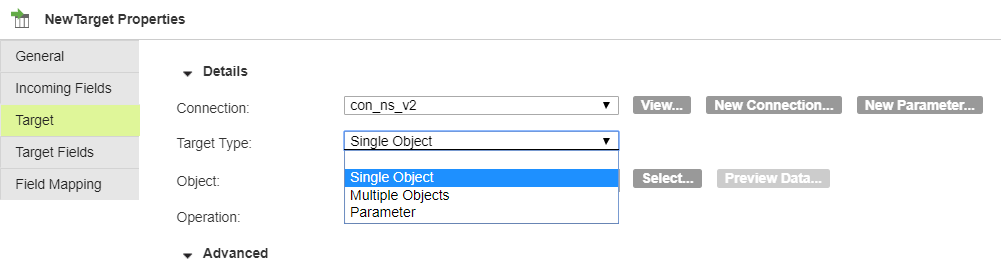 Select the target type as single object.