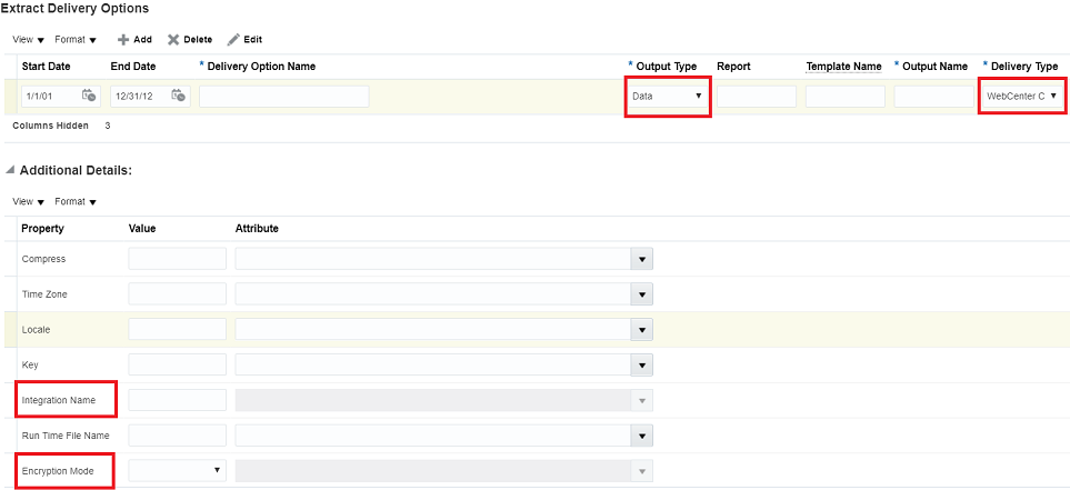 You can set up the Output Type, Delivery Type, Integration Name, and Encryption Mode fields under the Extract Deliver Options page in the Oracle HCM Cloud application.