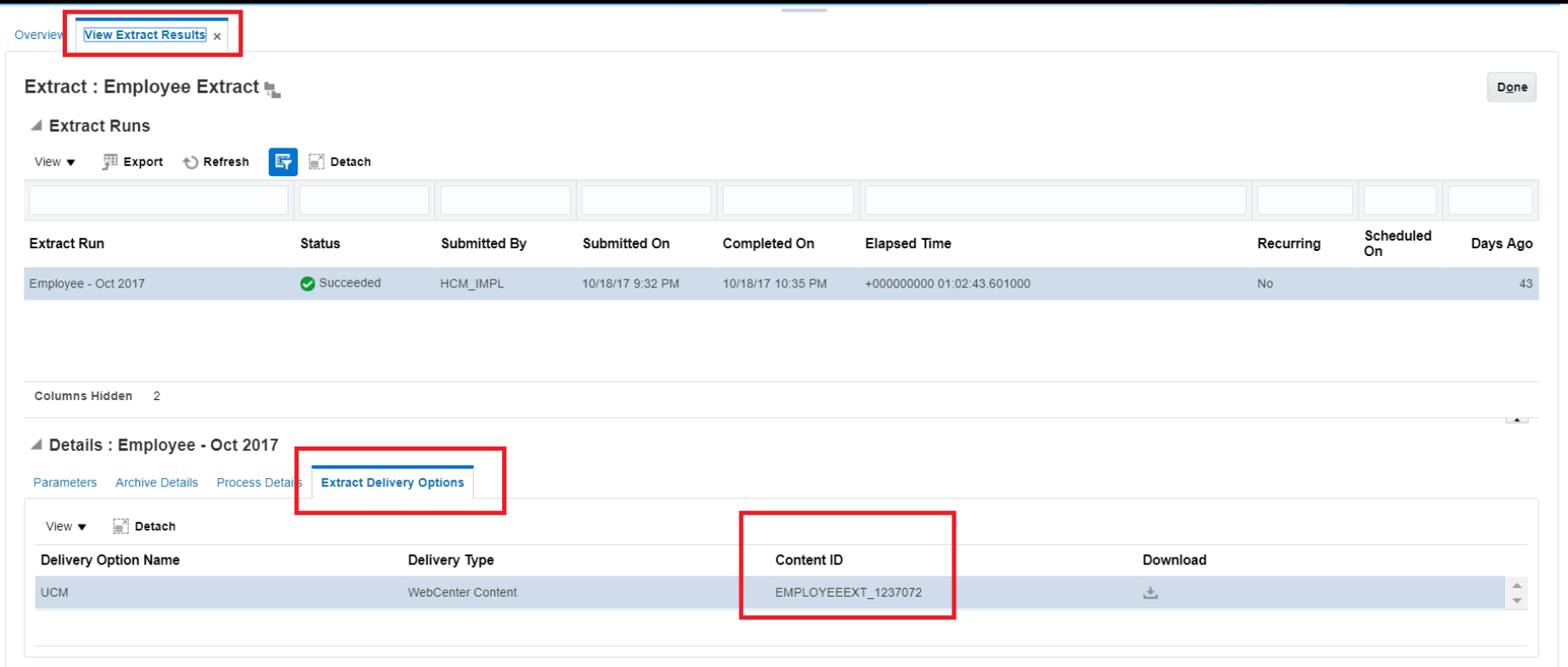 You can obtain the content ID in the Extract Delivery Options tab under the View Extract Results page.
