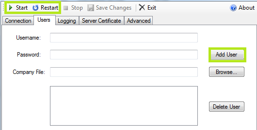 In the Remote Connector dialog box, click Users. In Users, enter Username and Password to create a Remote Connector user. Click Add User.